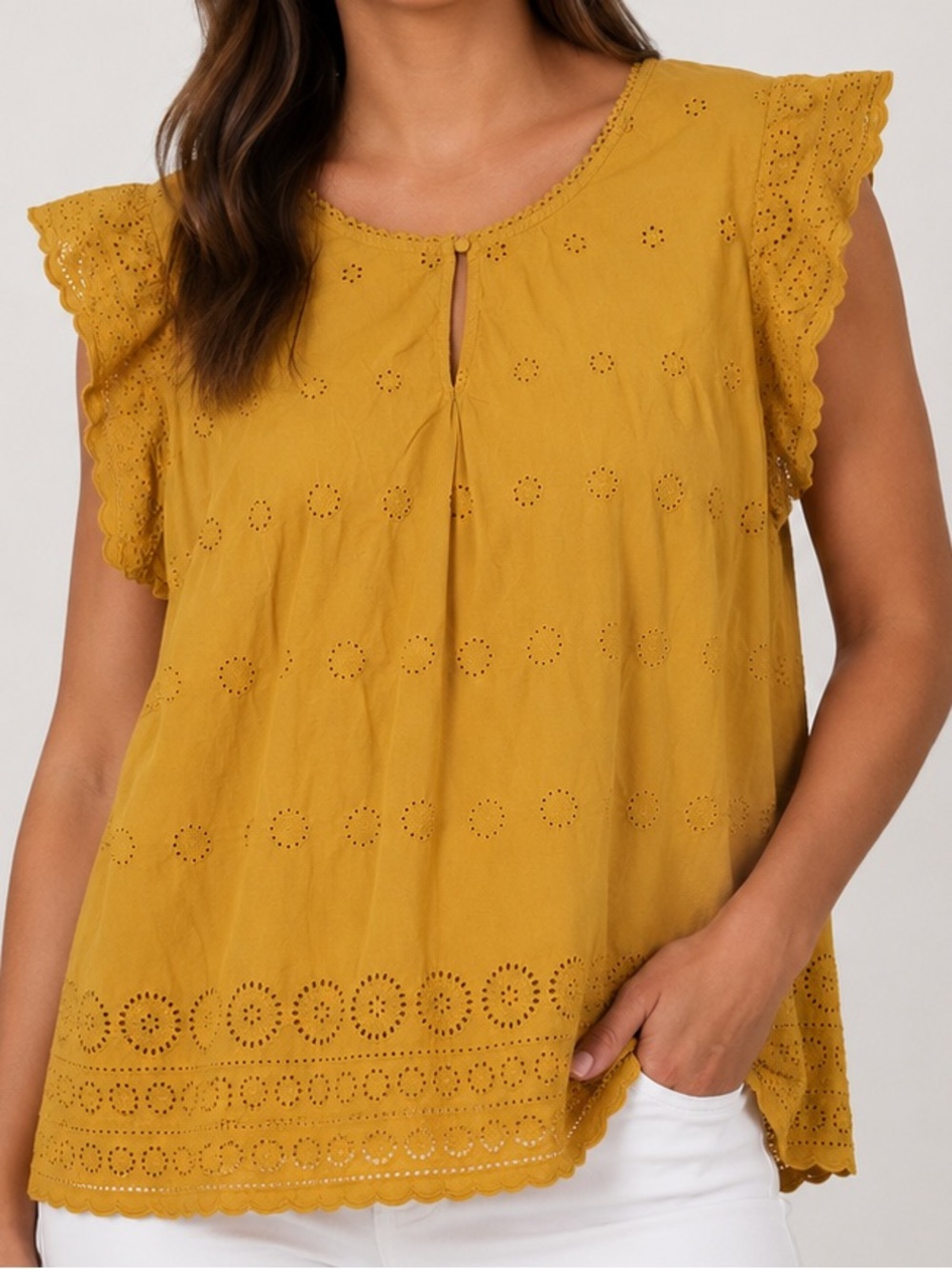 Lane Bryant Mustard Yellow Eyelet Flutter Sleeve Blouse Size 18/20